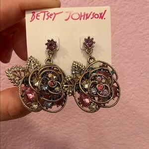 Betsey Johnson Pink and Gold Floral Crystal Dangle Earrings